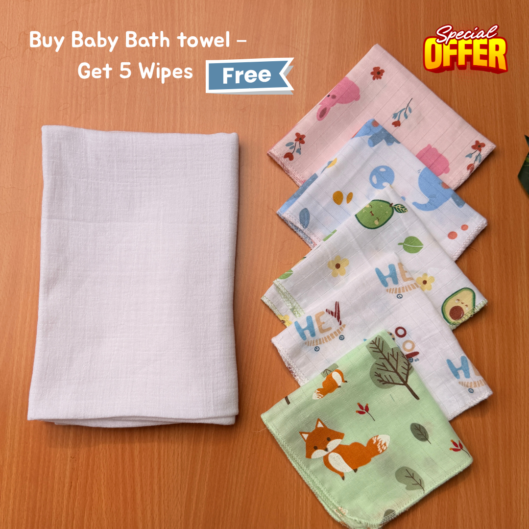 Bigmoon Organic Muslin Baby Bath Towel (100 × 70 cm) with 5 Free Baby Wipes