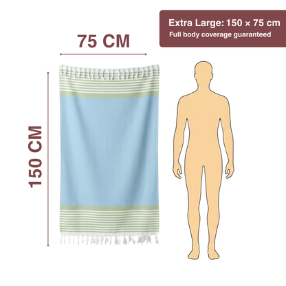 Premium Cotton Bath Towel 150 x 75 cm | Pack of 1 (Sky Blue with Green Striped Border)