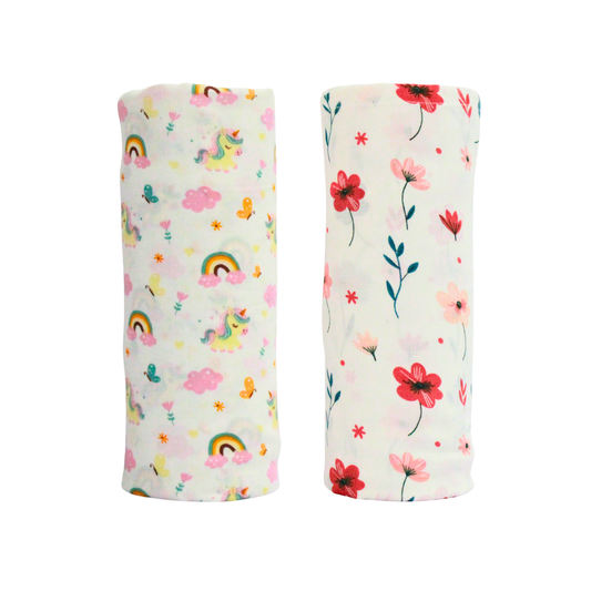 Rainbow & floral 100% GOTS Certified | Double Layer Muslin Swaddle (75 x 75 cm, Pack of 2)