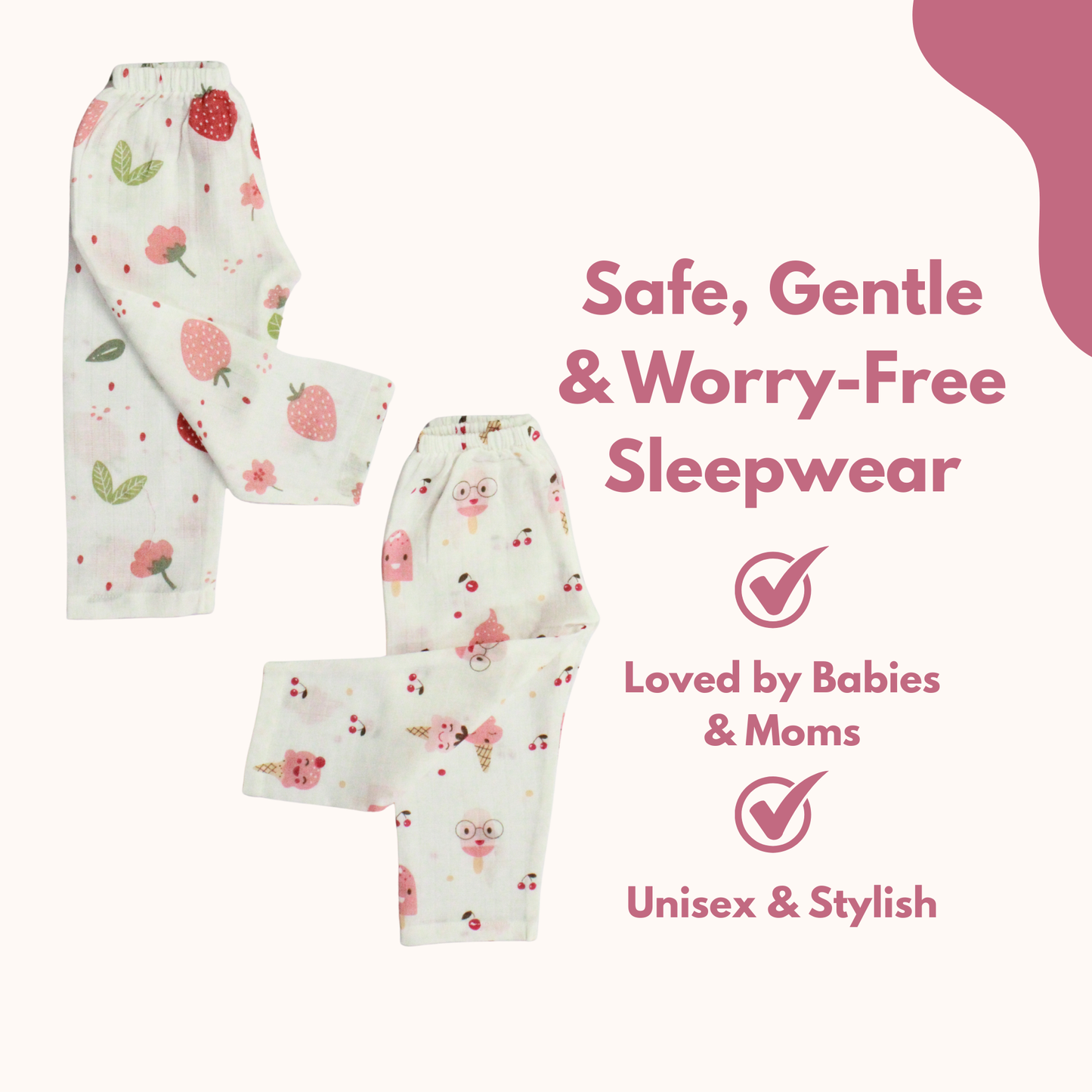 Organic Muslin Sleepsuit | Full Sleeve Top & Pant (Pack of 2, Fun icecream & Strawberry)