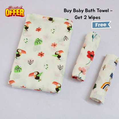 Tropical Toucan Baby Muslin Towel Set (120 x 100 cm) + 2 Free Wipes (10x10 inch)