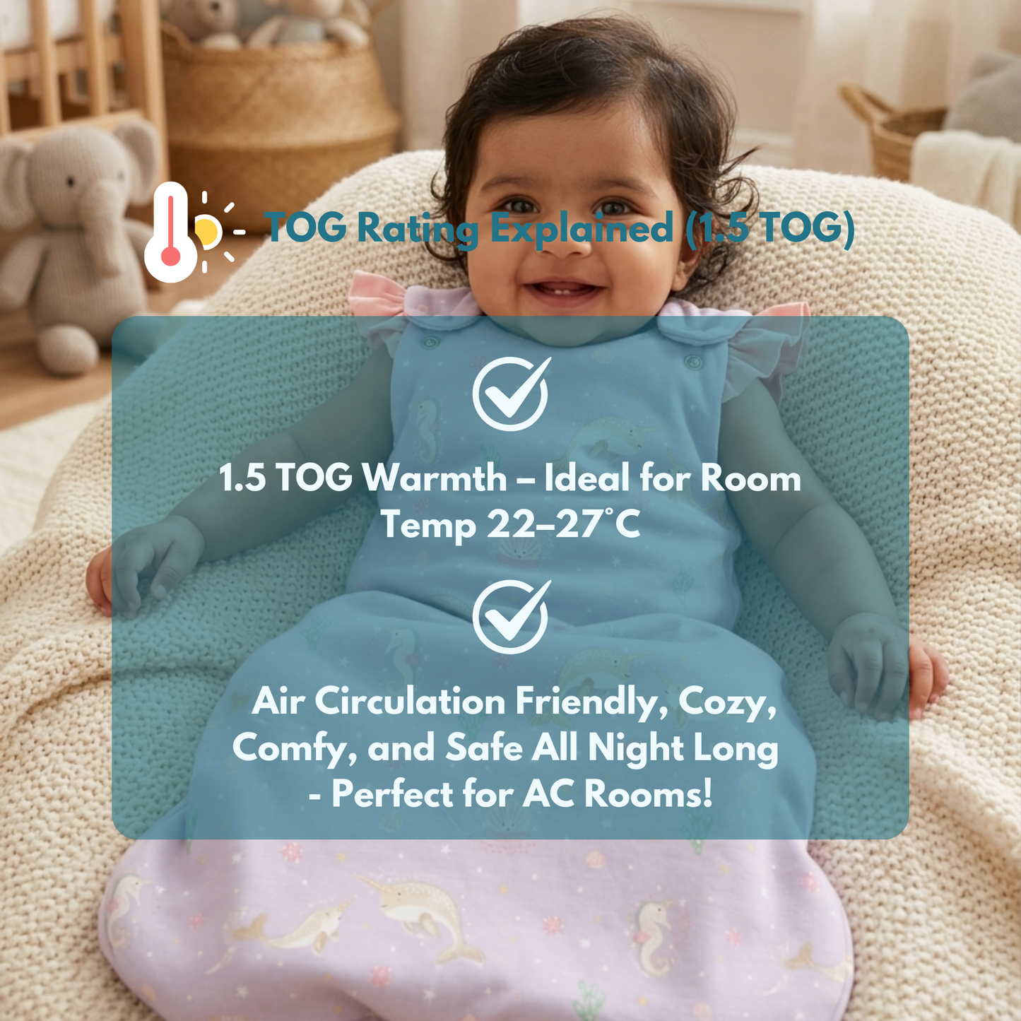 Organic Cotton Baby Sleep Sack 1.5 TOG, Pack of 1 – Lavender Narwhal