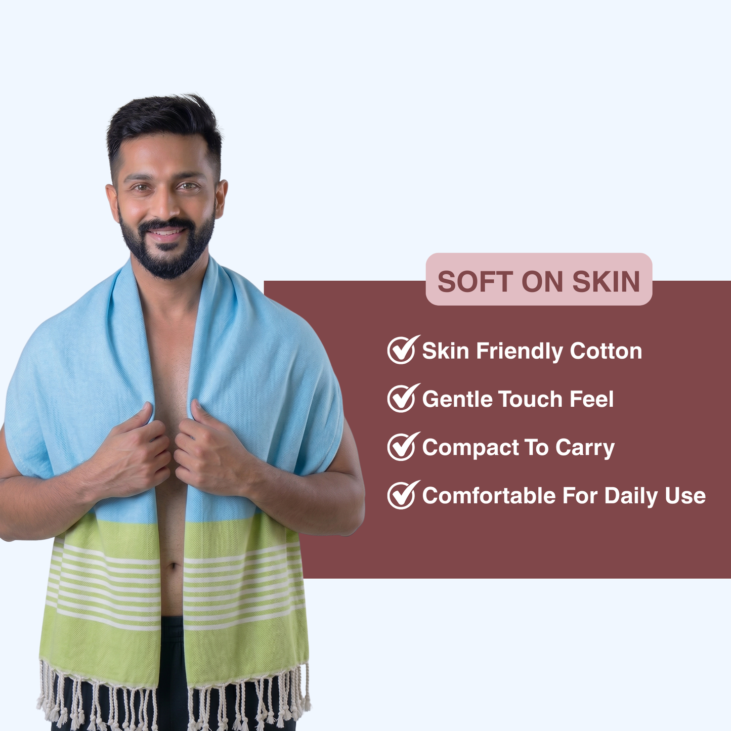 Premium Cotton Bath Towel 150 x 75 cm | Pack of 1 (Sky Blue with Green Striped Border)