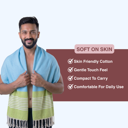 Premium Cotton Bath Towel 150 x 75 cm | Pack of 1 (Sky Blue with Green Striped Border)