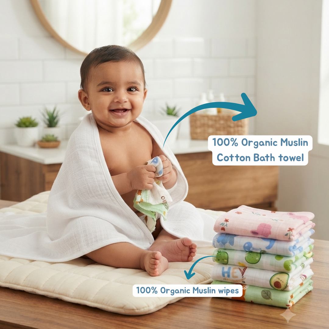 Bigmoon Organic Muslin Baby Bath Towel (100 × 70 cm) with 5 Free Baby Wipes