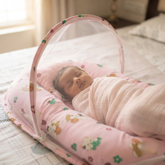 Happy Bunny Premium Cotton Baby Bedding Set with 360° Mosquito Net | (75 × 45 cm)