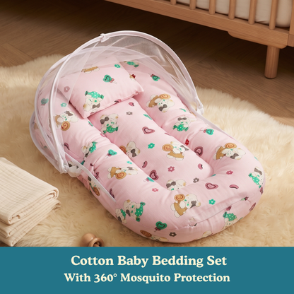 Happy Bunny Premium Cotton Baby Bedding Set with 360° Mosquito Net | (75 × 45 cm)