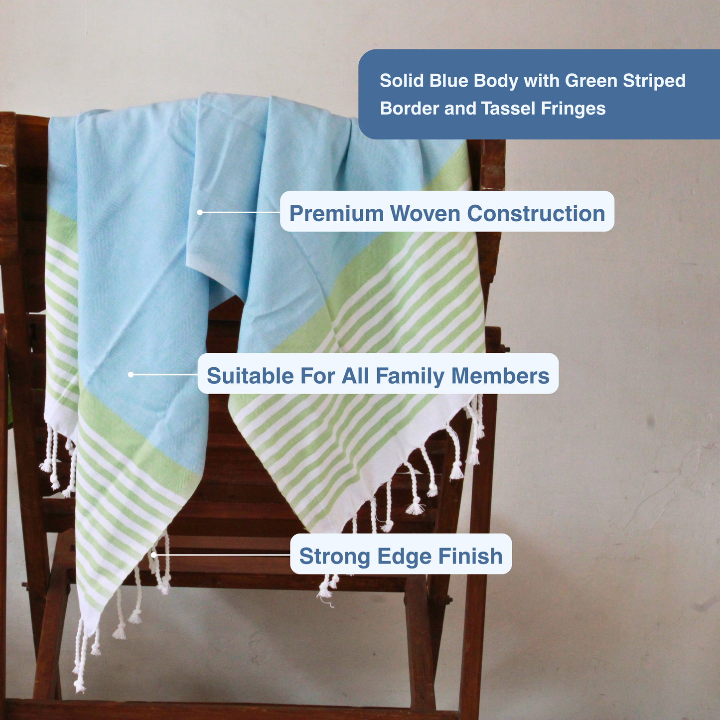 Premium Cotton Bath Towel 150 x 75 cm | Pack of 1 (Sky Blue with Green Striped Border)