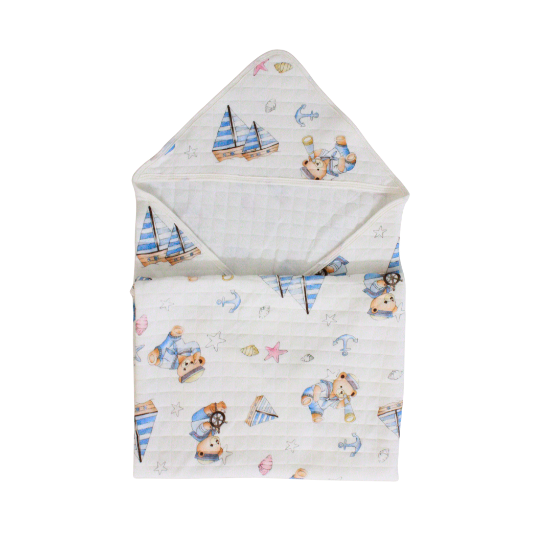 Little teddy Print – Muslin Quilted Hooded Blanket with Belt | 85 x 85 cm | Pack of 1