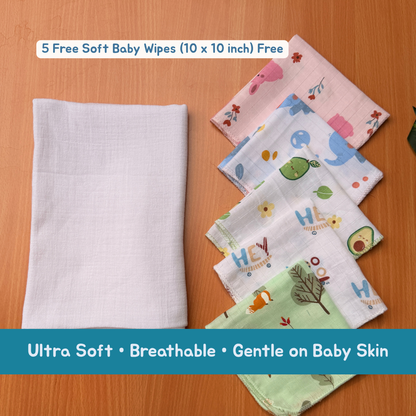 Bigmoon Organic Muslin Baby Bath Towel (100 × 70 cm) with 5 Free Baby Wipes