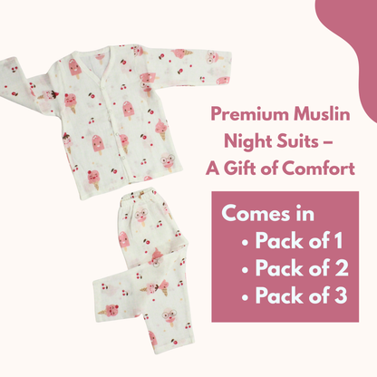 Organic Muslin Sleepsuit | Full Sleeve Top & Pant (Pack of 2, Fun icecream & Strawberry)