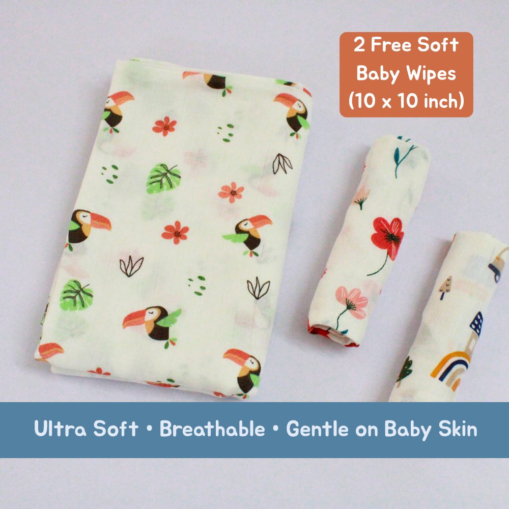 Tropical Toucan Baby Muslin Towel Set (120 x 100 cm) + 2 Free Wipes (10x10 inch)