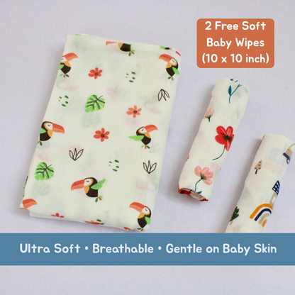 Tropical Toucan Baby Muslin Towel Set (120 x 100 cm) + 2 Free Wipes (10x10 inch)