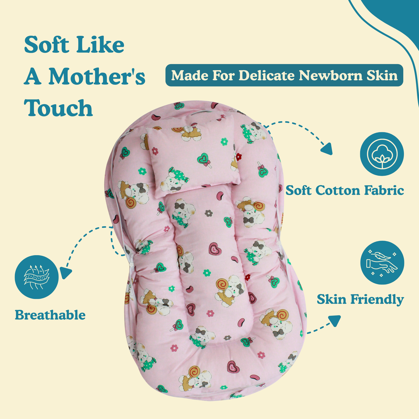 Happy Bunny Premium Cotton Baby Bedding Set with 360° Mosquito Net | (75 × 45 cm)