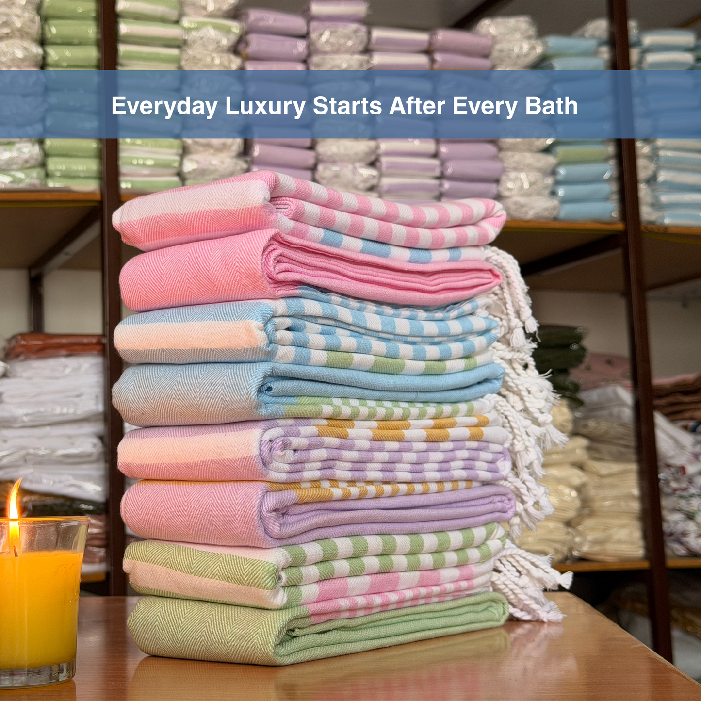Premium Cotton Bath Towel 150 x 75 cm | Pack of 1 (Sky Blue with Green Striped Border)