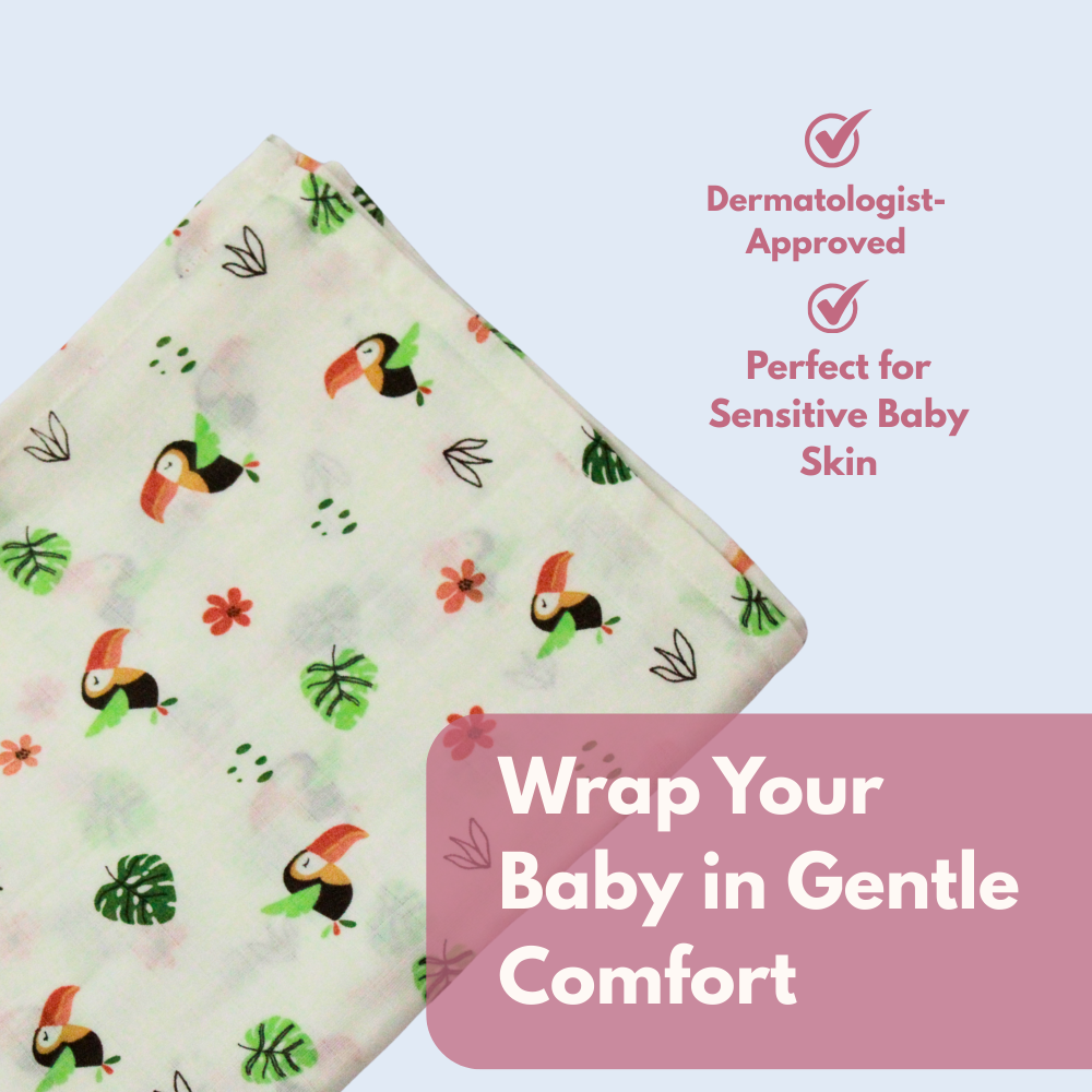 Tropical Toucan Tales 100% GOTS Certified | Double Layer | Muslin Swaddle (75 × 75 cm,Pack of 1)