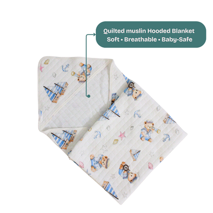 Little teddy Print – Muslin Quilted Hooded Blanket with Belt | 85 x 85 cm | Pack of 1