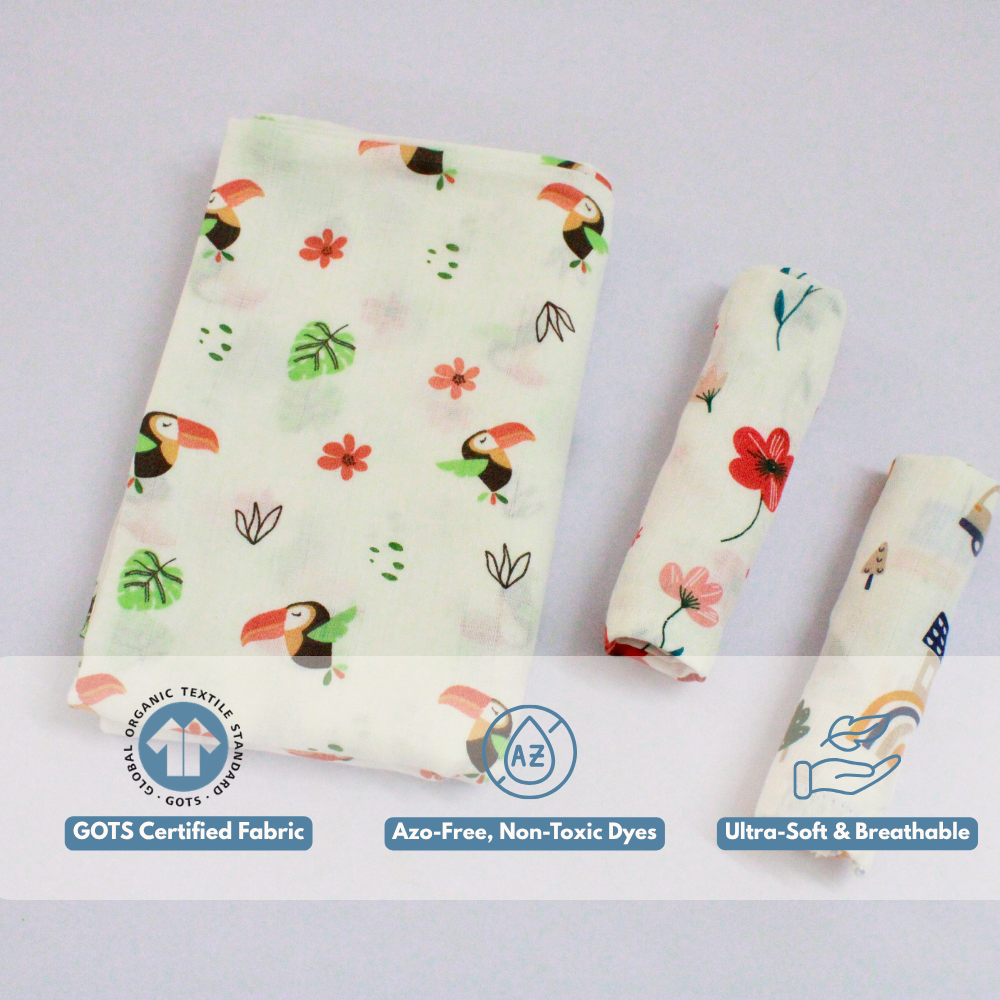 Tropical Toucan Baby Muslin Towel Set (120 x 100 cm) + 2 Free Wipes (10x10 inch)