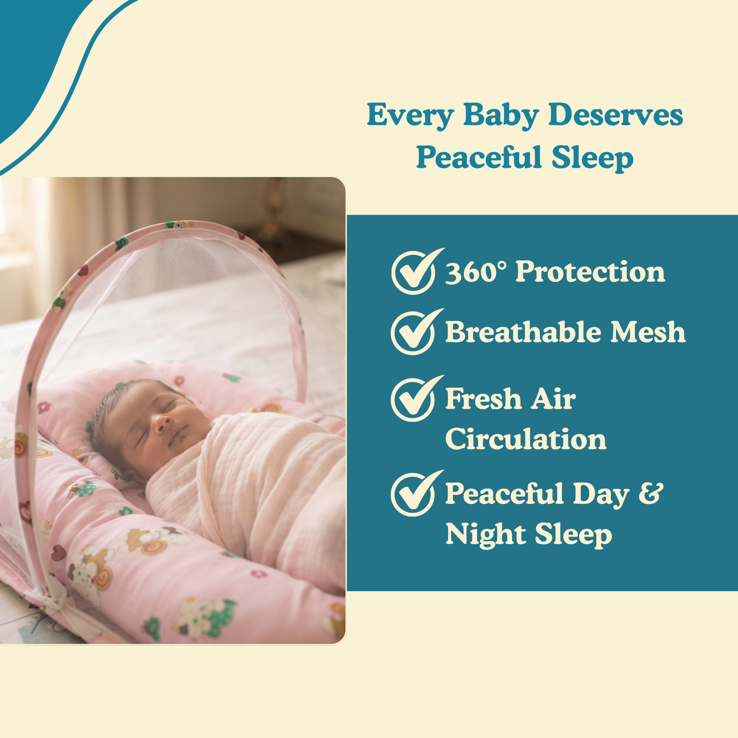 Happy Bunny Premium Cotton Baby Bedding Set with 360° Mosquito Net | (75 × 45 cm)