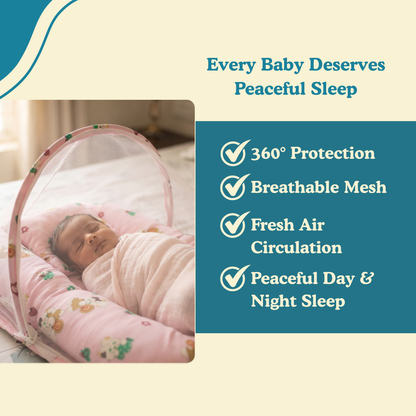 Happy Bunny Premium Cotton Baby Bedding Set with 360° Mosquito Net | (75 × 45 cm)