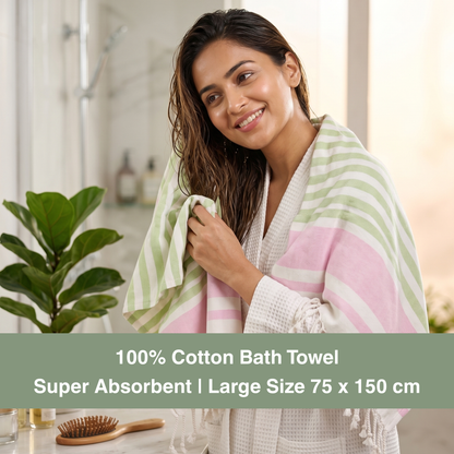 Premium Cotton Bath Towel 150 x 75 cm | Pack of 1 (Green with Pink stripes)