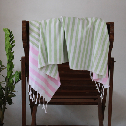Premium Cotton Bath Towel 150 x 75 cm | Pack of 1 (Green with Pink stripes)