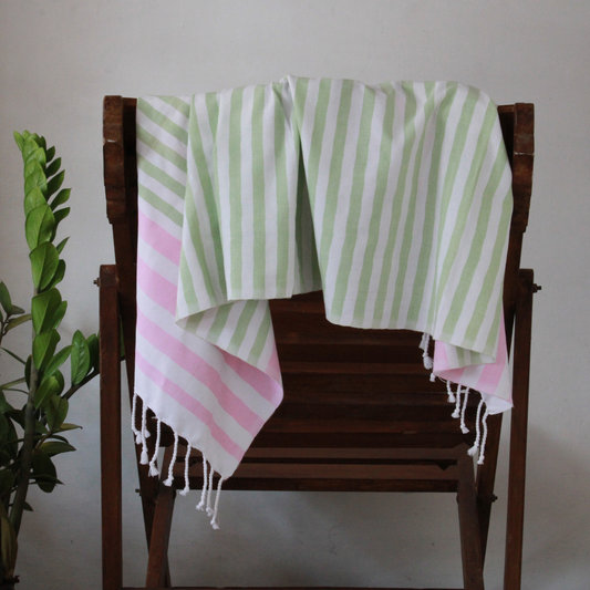 Premium Cotton Bath Towel 150 x 75 cm | Pack of 1 (Green with Pink stripes)