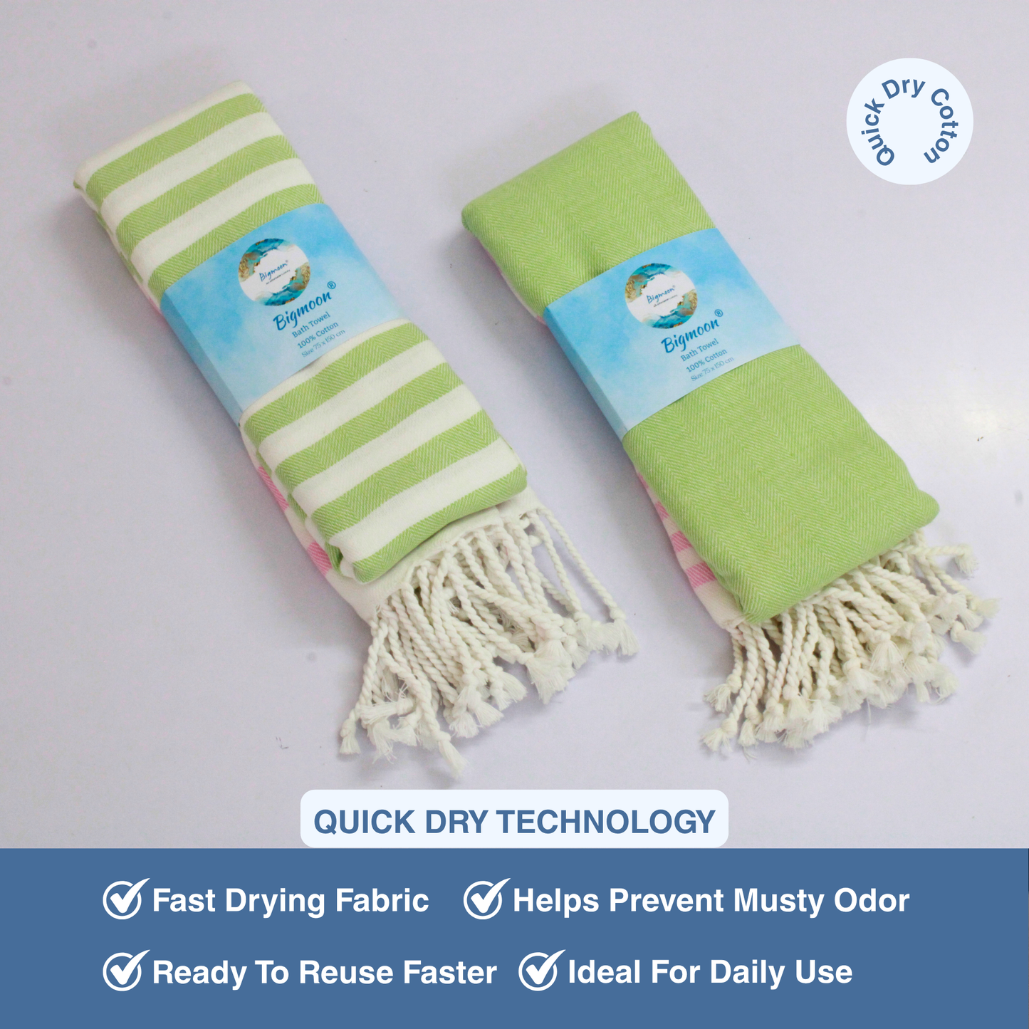 Premium Cotton Bath Towel 150 x 75 cm | Pack of 1 (Green with Pink stripes)