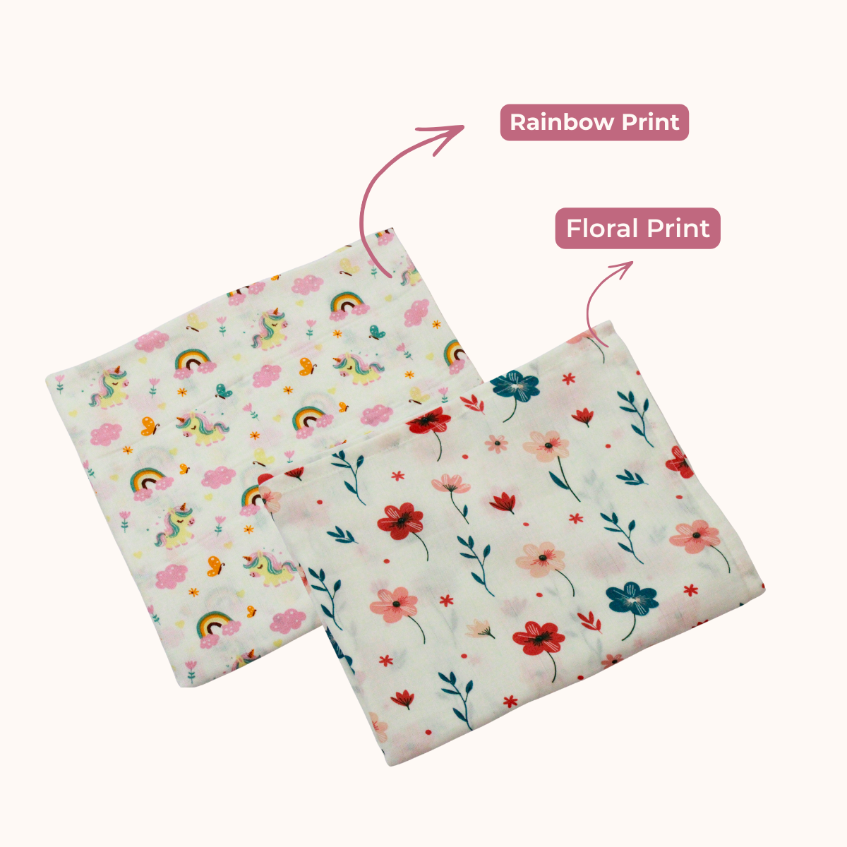 Rainbow & floral 100% GOTS Certified | Double Layer Muslin Swaddle (75 x 75 cm, Pack of 2)