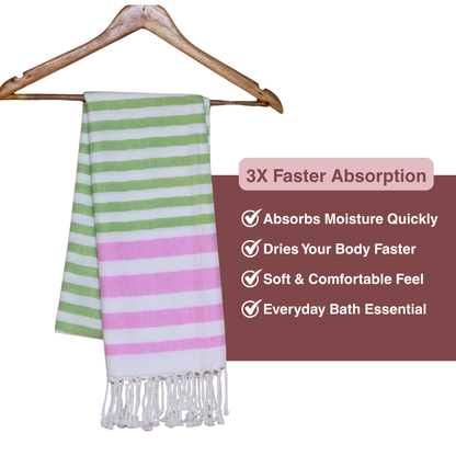 Premium Cotton Bath Towel 150 x 75 cm | Pack of 1 (Green with Pink stripes)