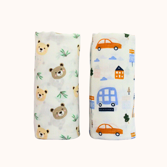 Car & Teddy Bear 100% GOTS Certified | Double Layer Muslin Swaddle (110 × 100 cm)