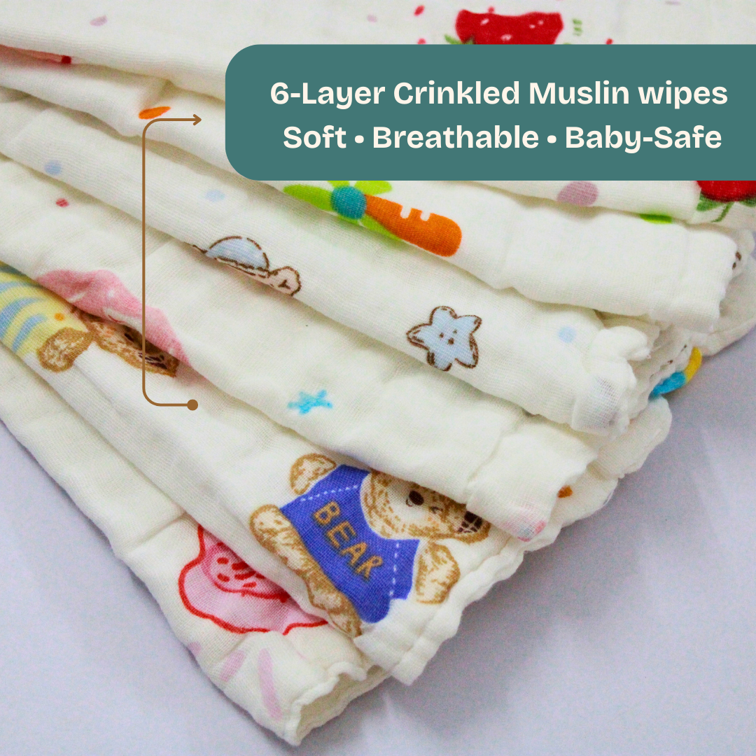 100% Muslin 6 Layer Crinkled Baby Wipes 10x10 Inch - Pack of 5
