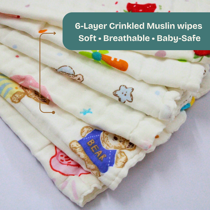 100% Muslin 6 Layer Crinkled Baby Wipes 10x10 Inch - Pack of 6