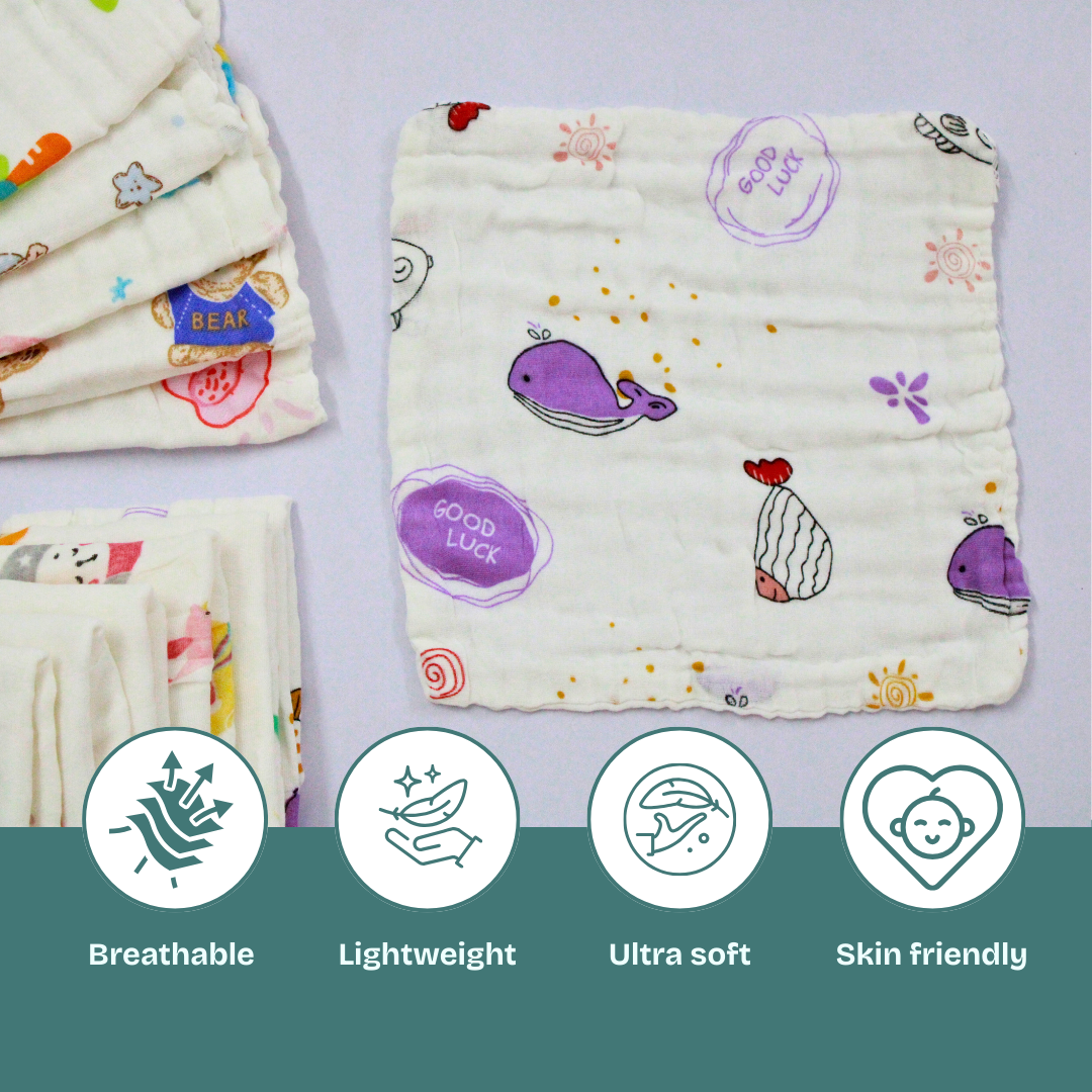 100% Muslin 6 Layer Crinkled Baby Wipes 10x10 Inch - Pack of 6