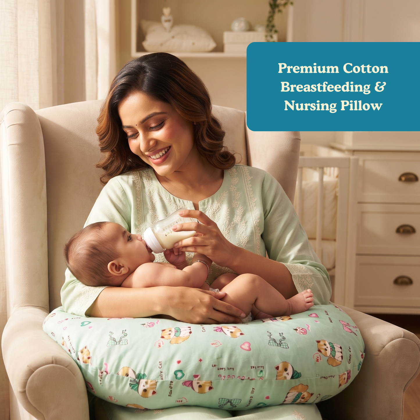 Kitty Bloom Premium Cotton Nursing Pillow for Newborn Baby | Breastfeeding & Feeding Support Cushion | 0–12 Months
