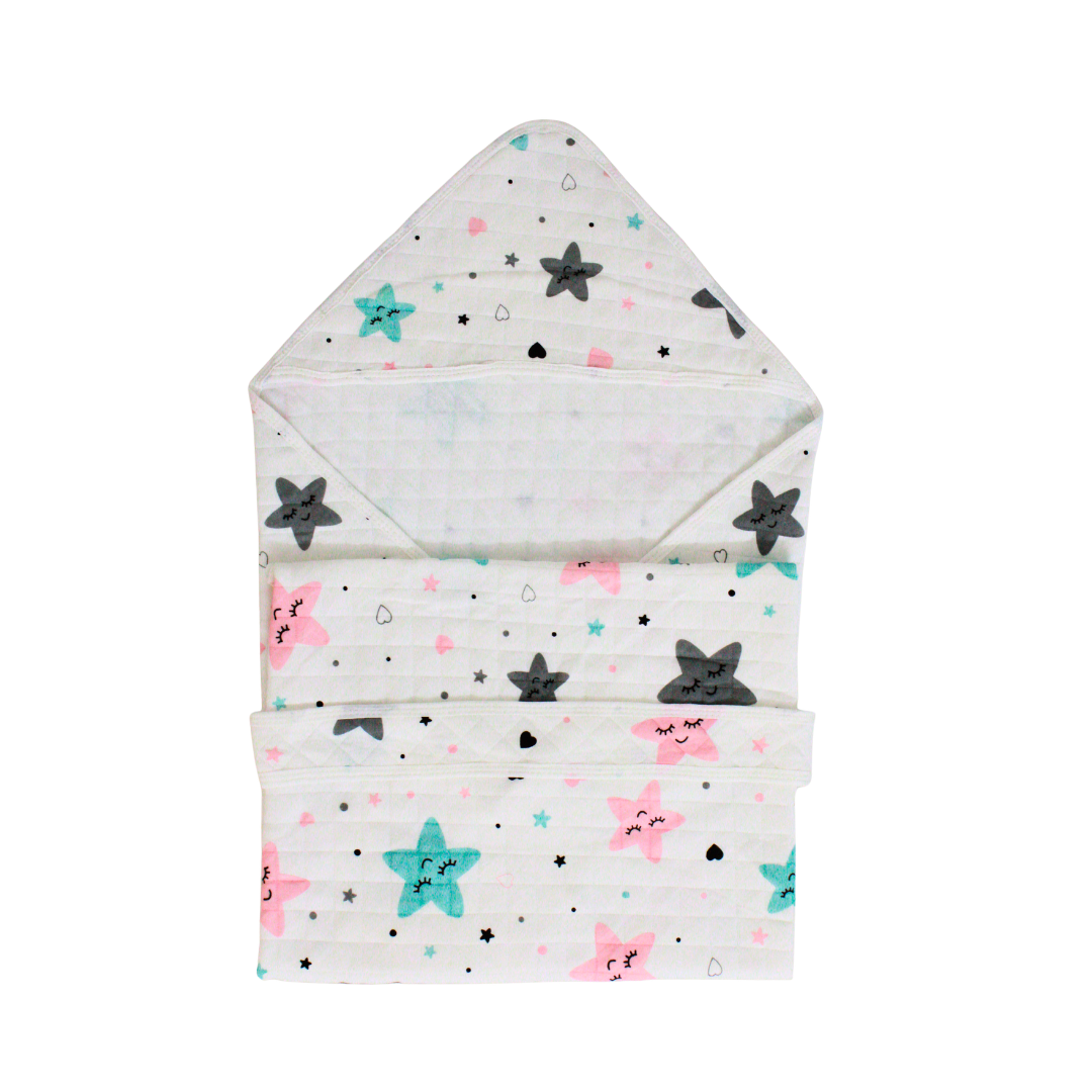 Dreamy Stars Print – Muslin Quilted Hooded Blanket with Belt | 85 x 85 cm | Pack of 1