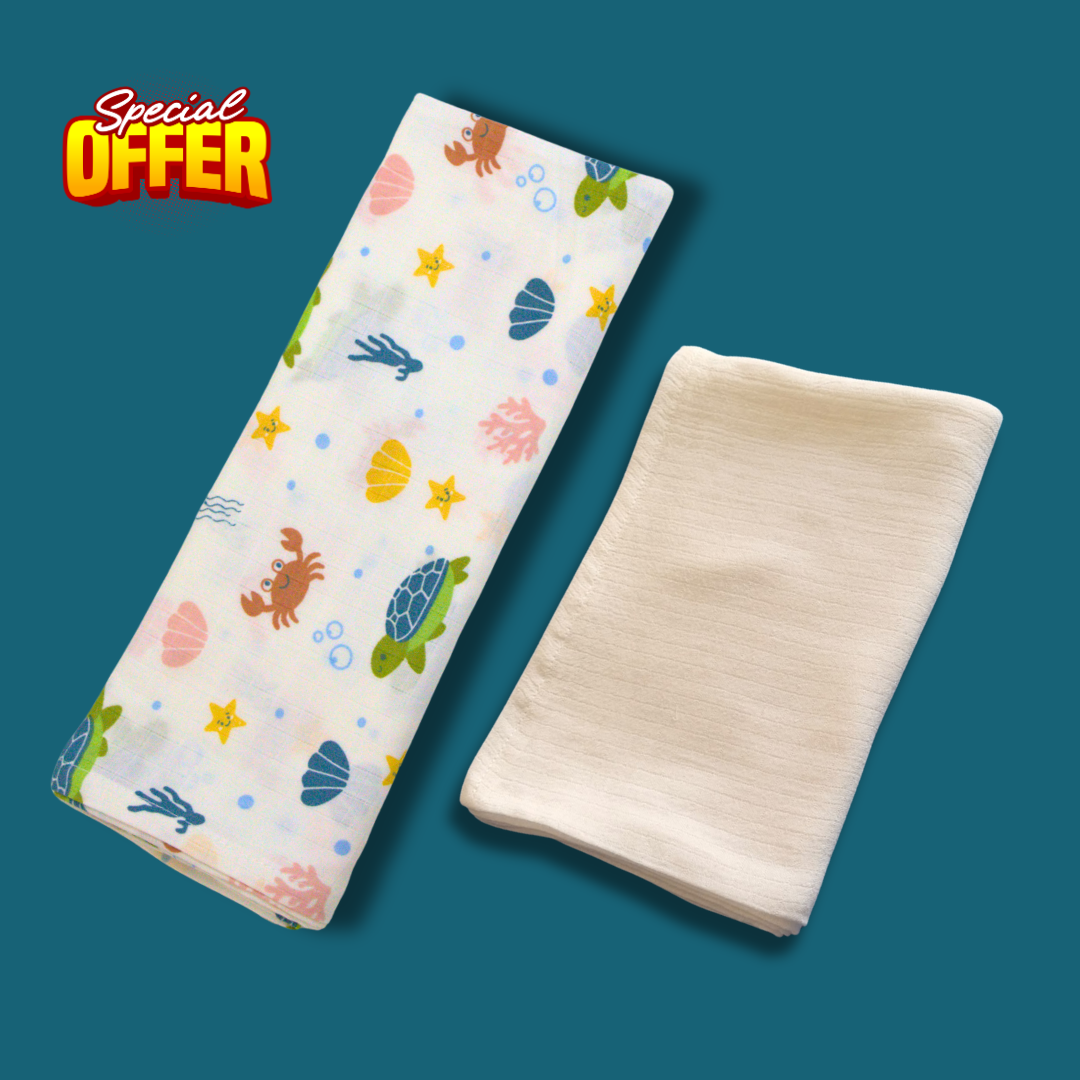 Ocean Friends Baby Printed & Solid Muslin Bath Towel Combo
