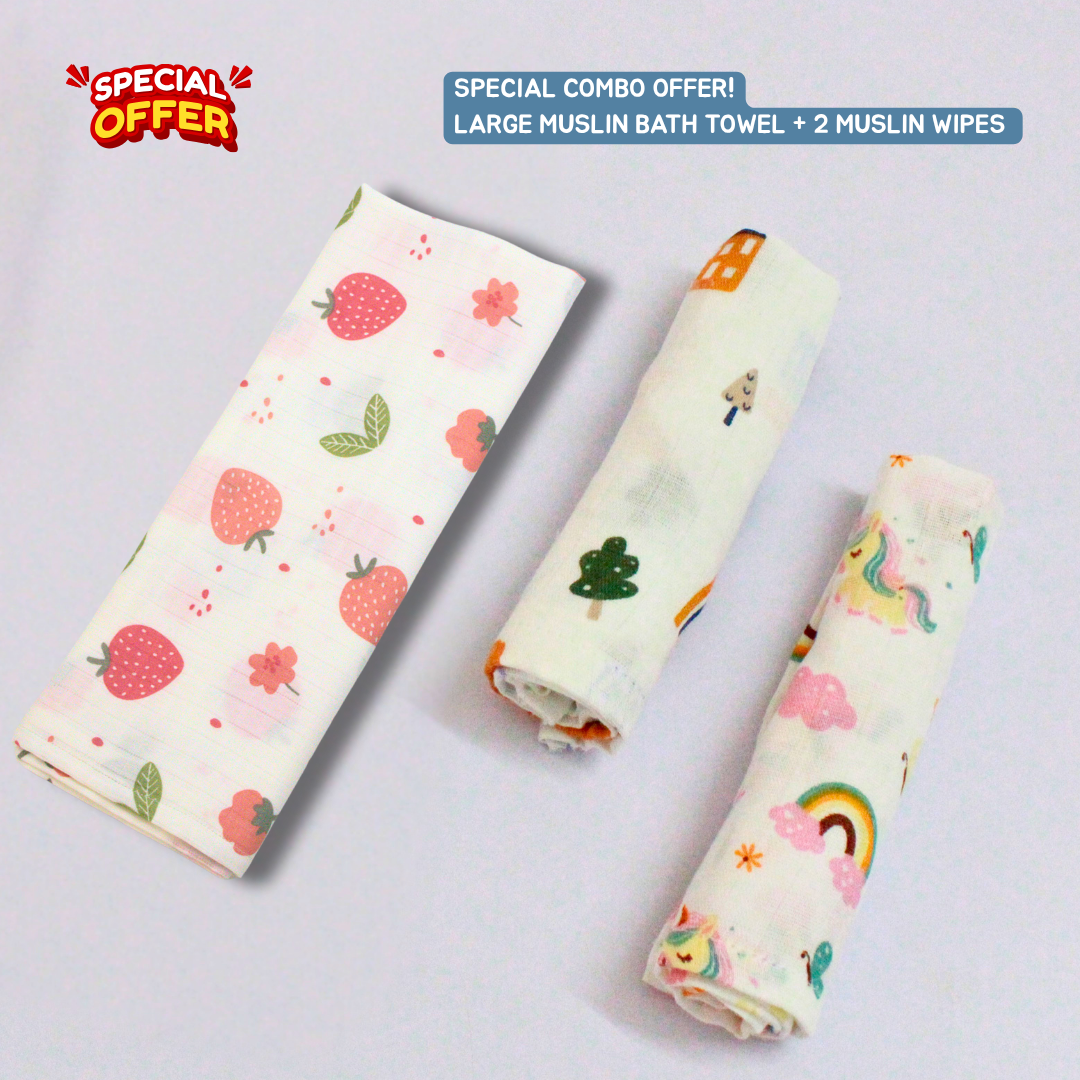 Sweet Strawberry Baby Muslin Towel Set (145 x 70 cm) + 2 Wipes (10x10 inch)