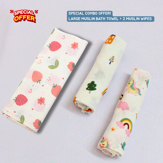 Sweet Strawberry Baby Muslin Towel Set (145 x 70 cm) + 2 Wipes (10x10 inch)