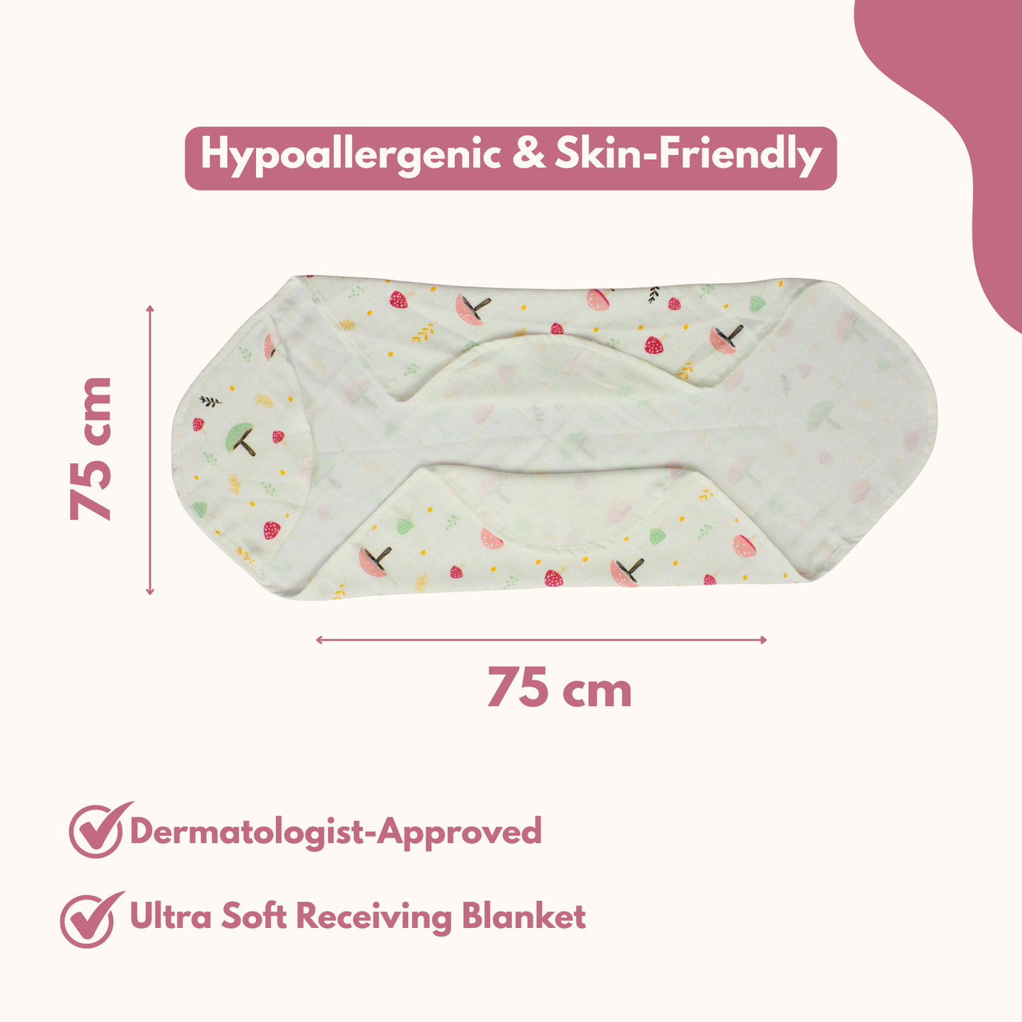 Muslin Hooded Blanket for Newborn Baby (Mushroom print, 75 x 75 cm, pack of 1)