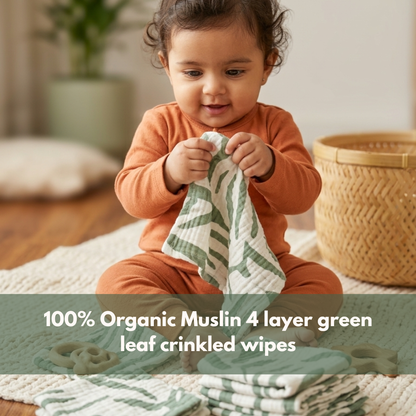 100% Muslin green leaf 4 Layer Crinkled Baby Wipes 10x10 Inch - Pack of 5