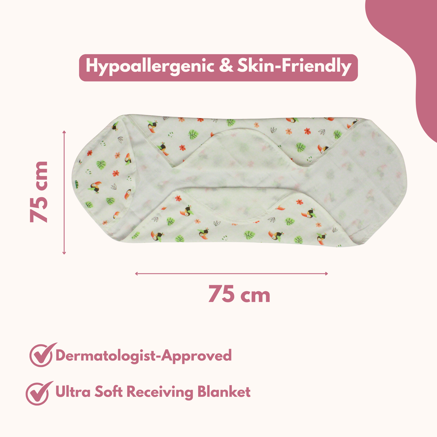 Muslin Hooded Blanket for Newborn Baby (Bird print, 75 x 75 cm, pack of 1)