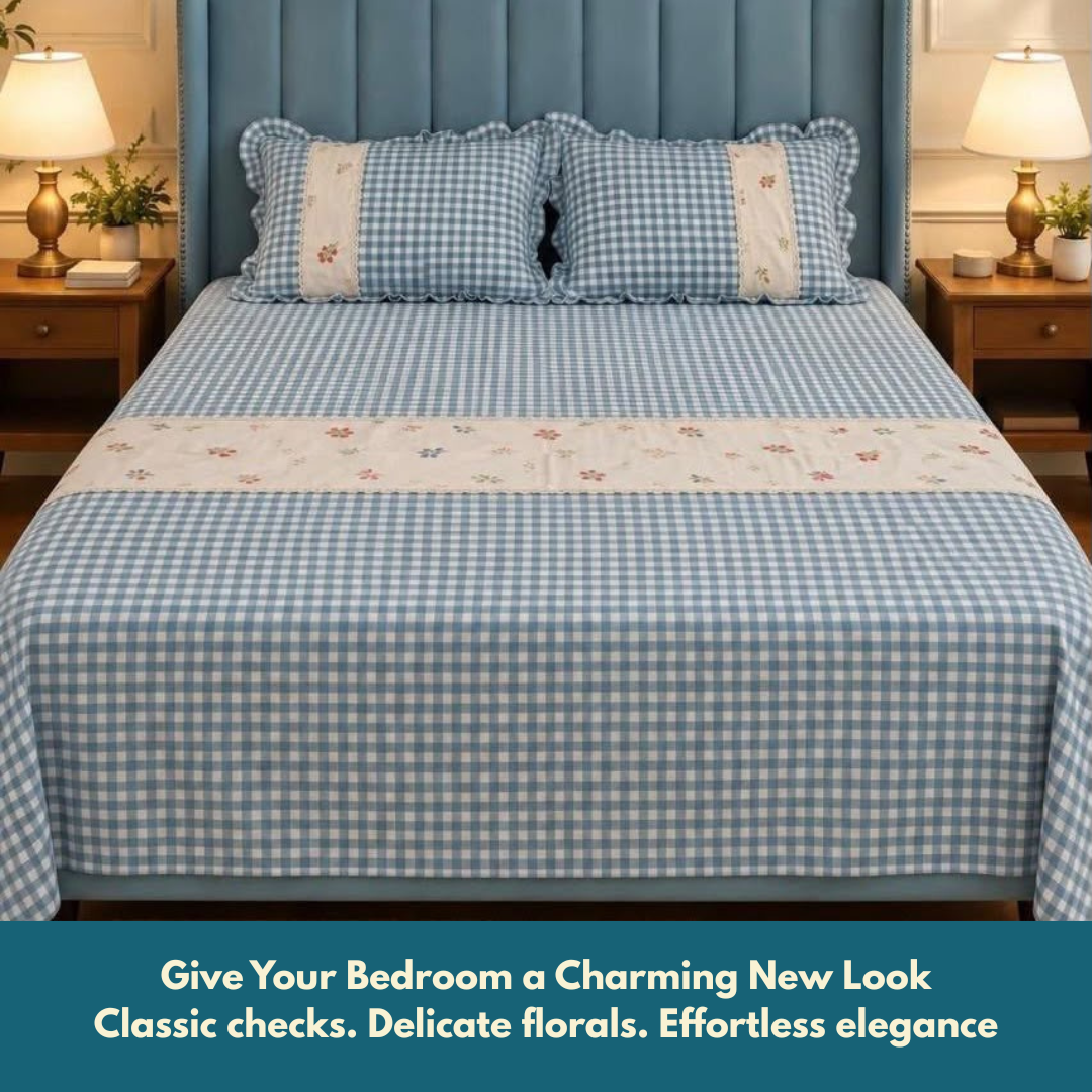 Sky Blue Pure Cotton Floral Embroidered Bedspread with Lace Border – 108 × 108 Inches