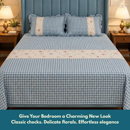 Sky Blue Pure Cotton Floral Embroidered Bedspread with Lace Border – 108 × 108 Inches