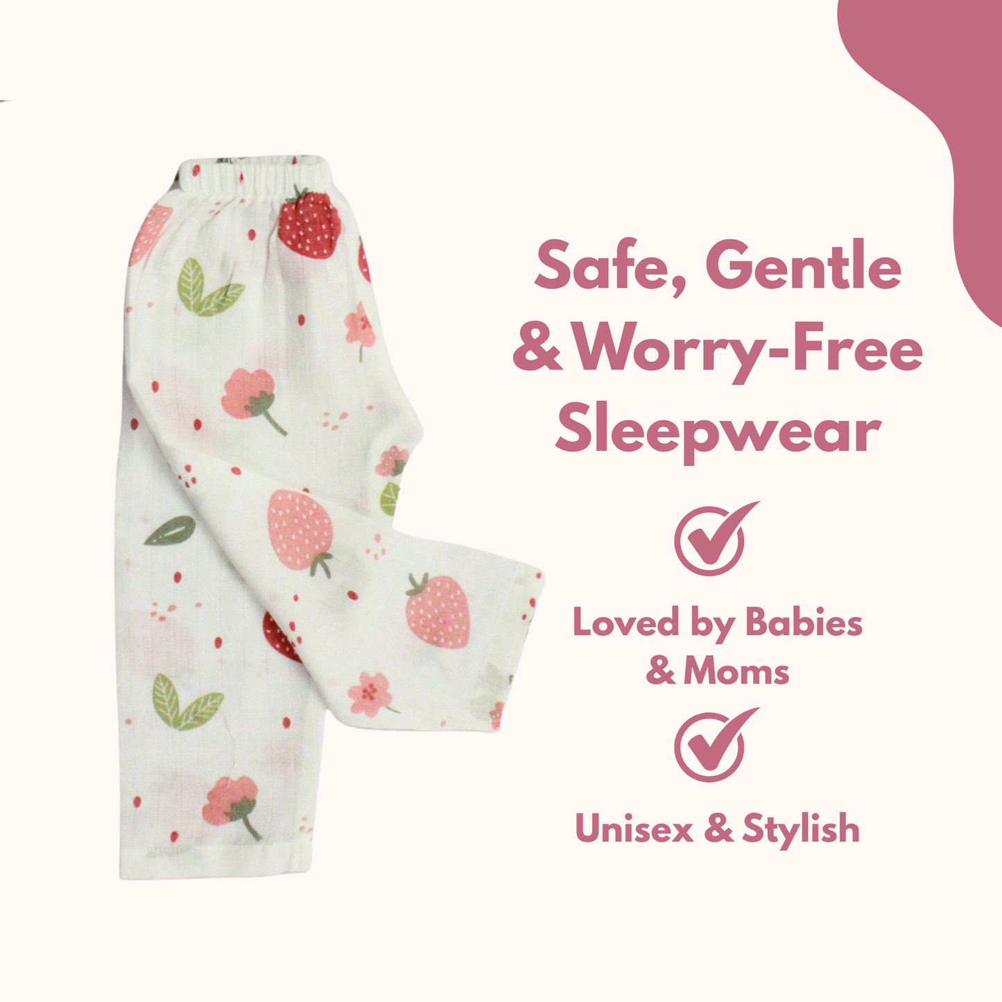 Organic Muslin Sleepsuit | Full Sleeve Top & Pant (Pack of 1, Strawberry Print)