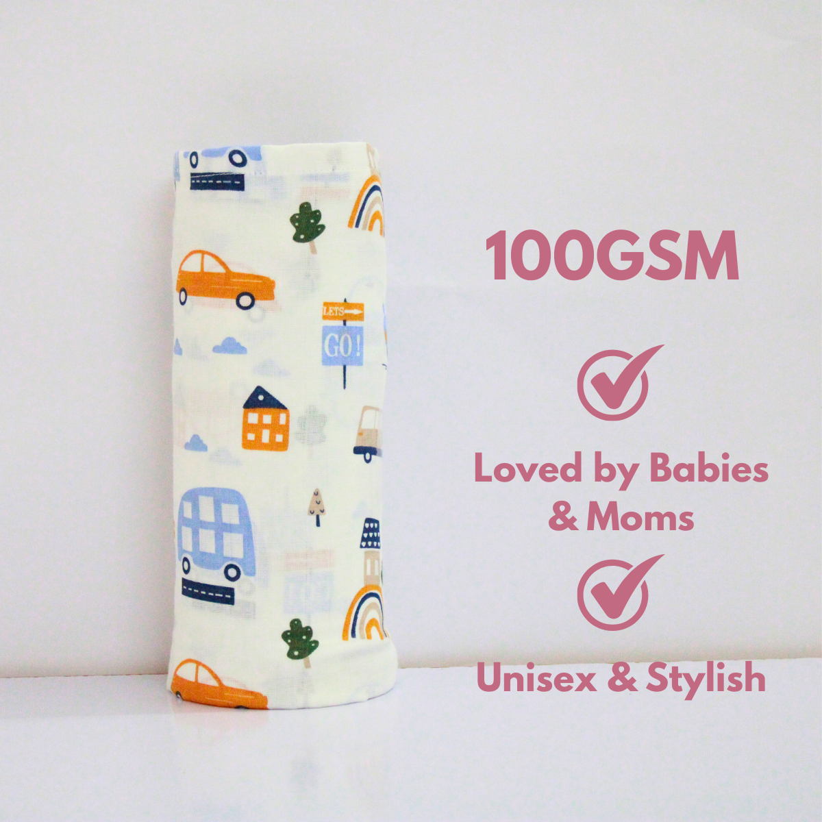 Car & Teddy Bear 100% GOTS Certified | Double Layer Muslin Swaddle (70 x 70 cm, Pack of 2)