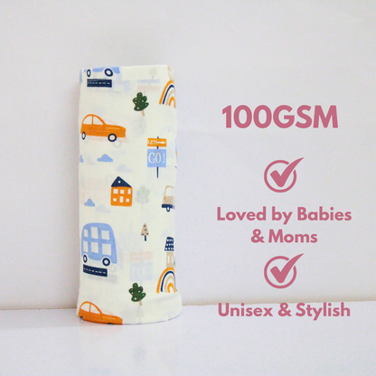 Car & Teddy Bear 100% GOTS Certified | Double Layer Muslin Swaddle (70 x 70 cm, Pack of 2)