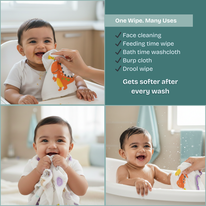 100% Muslin 6 Layer Crinkled Baby Wipes 10x10 Inch - Pack of 6