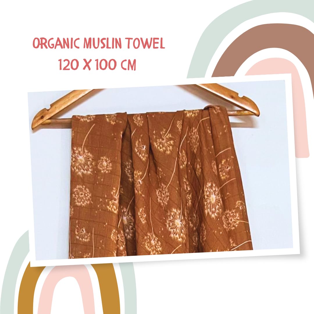 100% Organic Baby Aesthetic Brown Floral Muslin Bath Towel 120x100 cm (49 x 39 Inches) –