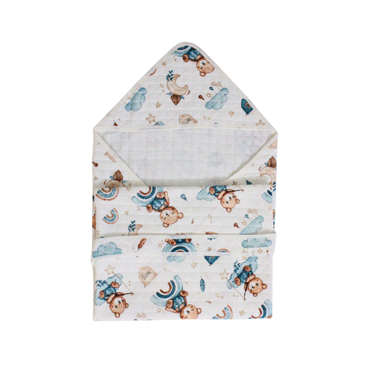 Dreamy Teddy Print – Muslin Quilted Hooded Blanket with Belt | 85 x 85 cm | Pack of 1